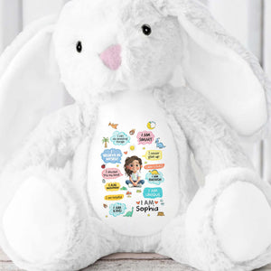 I Can Do Amazing Things Smart Girl With Dinosaurs And Hearts - Personalized Stuffed Bunny - KID348_BUN