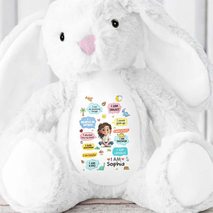 I Can Do Amazing Things Smart Girl With Dinosaurs And Hearts - Personalized Stuffed Bunny - KID348_BUN