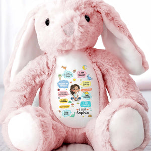 I Can Do Amazing Things Smart Girl With Dinosaurs And Hearts - Personalized Stuffed Bunny - KID348_BUN