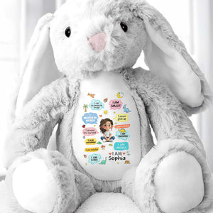 I Can Do Amazing Things Smart Girl With Dinosaurs And Hearts - Personalized Stuffed Bunny - KID348_BUN
