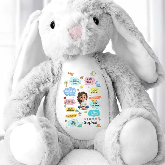 I Can Do Amazing Things Smart Girl With Dinosaurs And Hearts - Personalized Stuffed Bunny - KID348_BUN