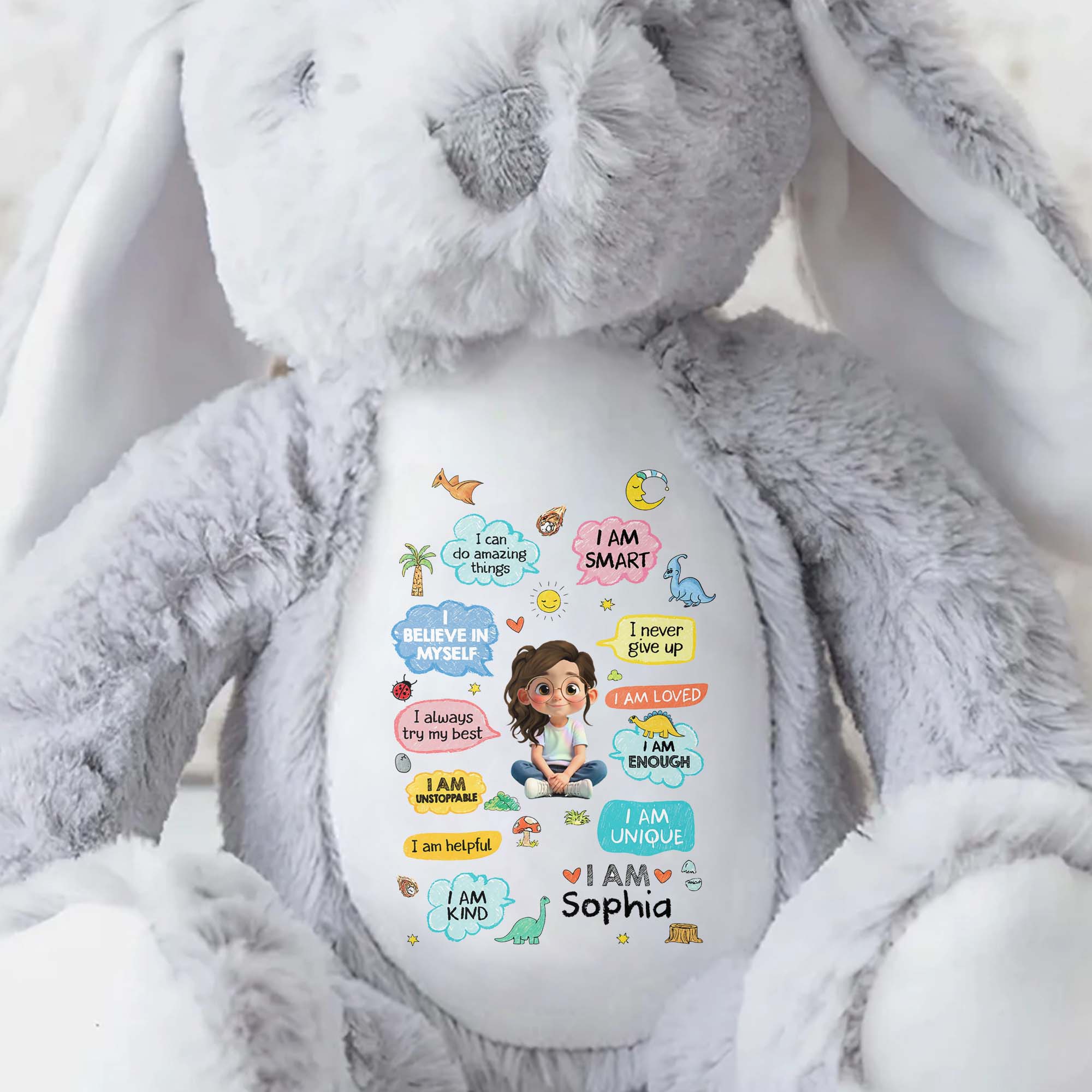 I Can Do Amazing Things Smart Girl With Dinosaurs And Hearts - Personalized Stuffed Bunny - KID348_BUN