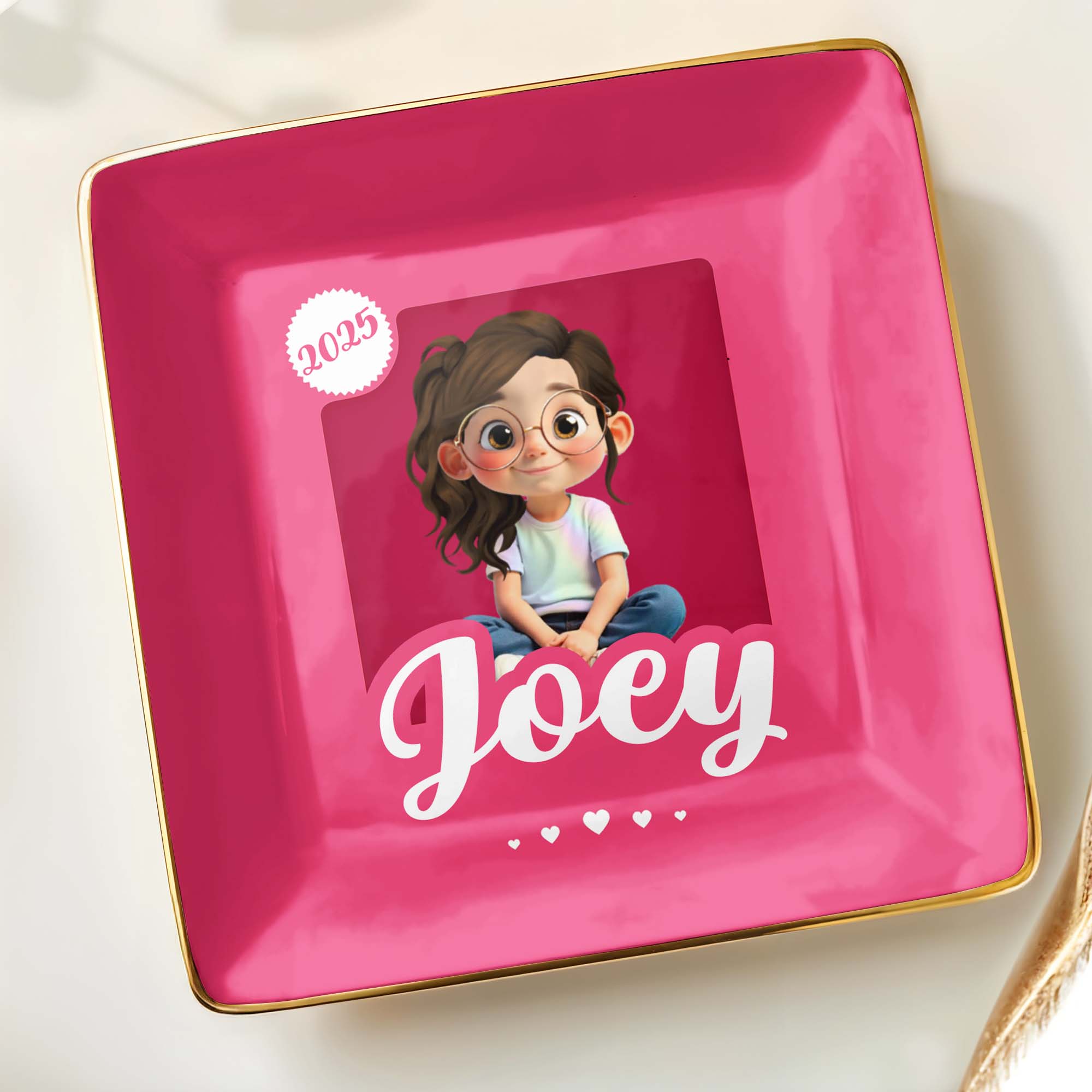 Customizable Ceramic Dish With Girl And Hearts - Personalized Custom Jewelry Dish, Ceramic Dish, Square Shape - KID358_SCRF