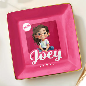 Customizable Ceramic Dish With Girl And Hearts - Personalized Custom Jewelry Dish, Ceramic Dish, Square Shape - KID358_SCRF