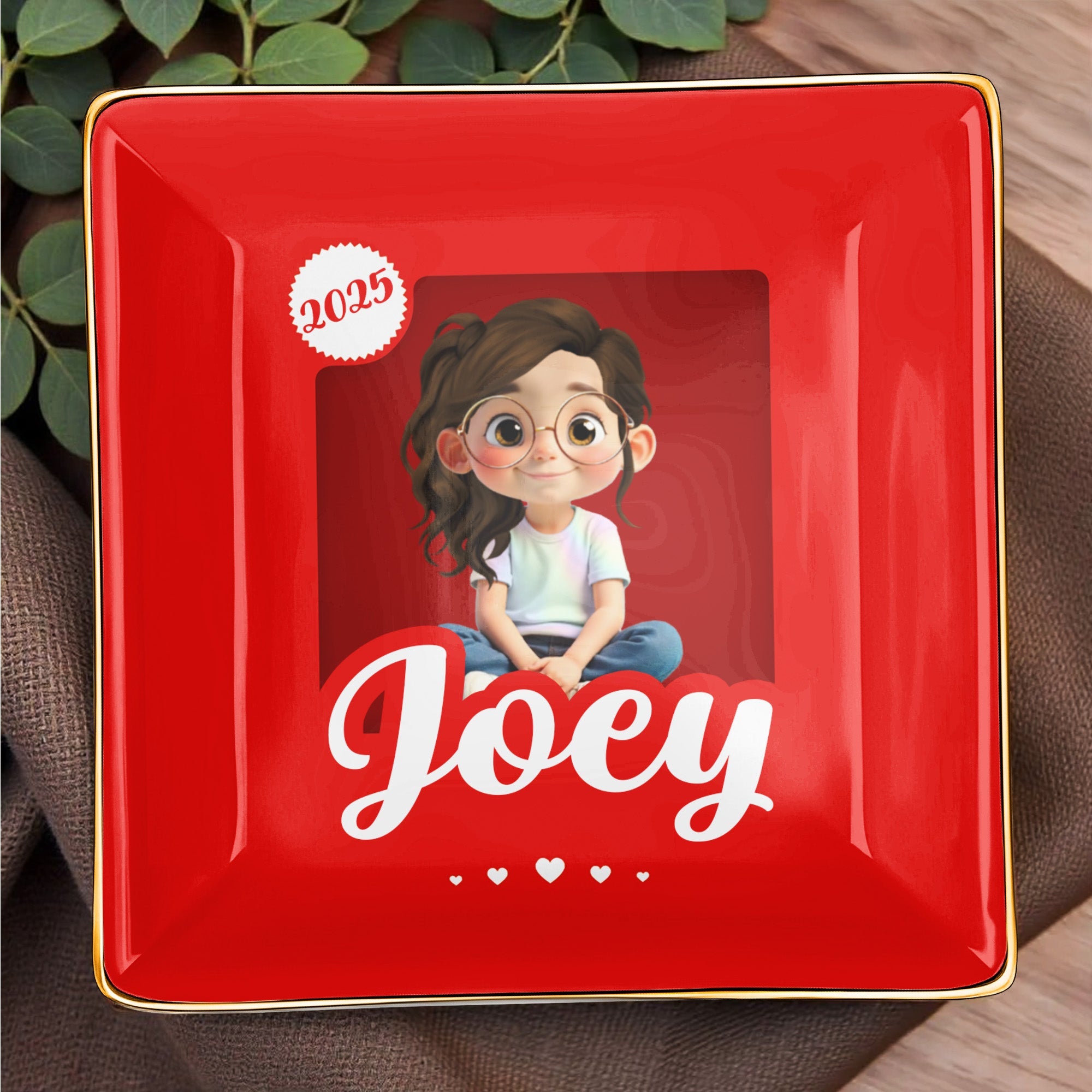 Customizable Ceramic Dish With Girl And Hearts - Personalized Custom Jewelry Dish, Ceramic Dish, Square Shape - KID358_SCRF