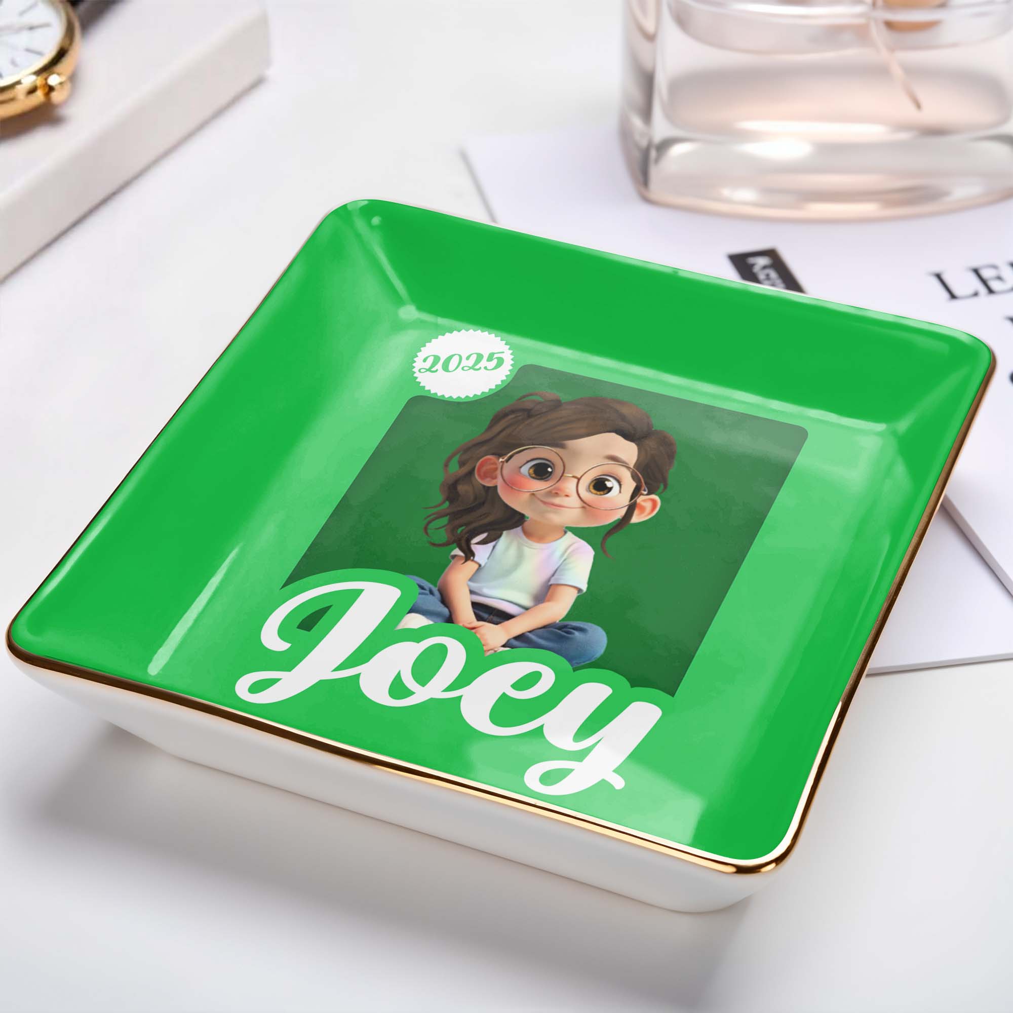 Customizable Ceramic Dish With Girl And Hearts - Personalized Custom Jewelry Dish, Ceramic Dish, Square Shape - KID358_SCRF
