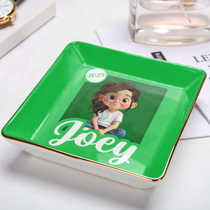 Customizable Ceramic Dish With Girl And Hearts - Personalized Custom Jewelry Dish, Ceramic Dish, Square Shape - KID358_SCRF