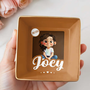 Customizable Ceramic Dish With Girl And Hearts - Personalized Custom Jewelry Dish, Ceramic Dish, Square Shape - KID358_SCRF