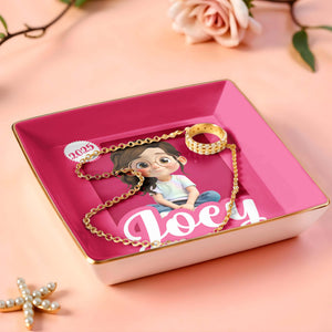 Customizable Ceramic Dish With Girl And Hearts - Personalized Custom Jewelry Dish, Ceramic Dish, Square Shape - KID358_SCRF