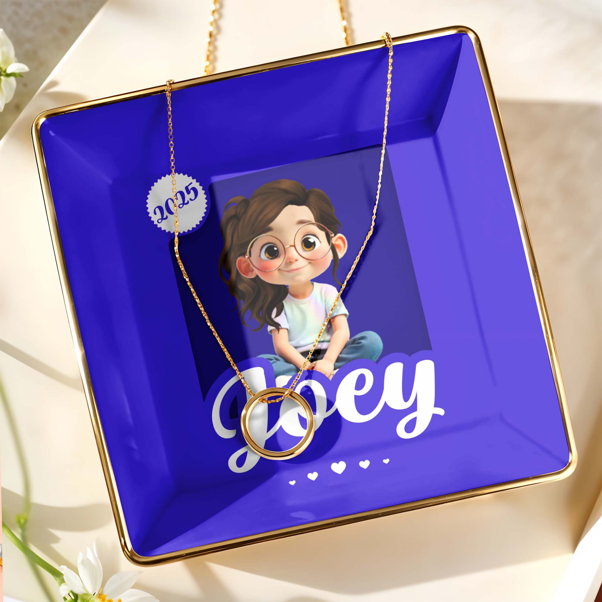 Customizable Ceramic Dish With Girl And Hearts - Personalized Custom Jewelry Dish, Ceramic Dish, Square Shape - KID358_SCRF