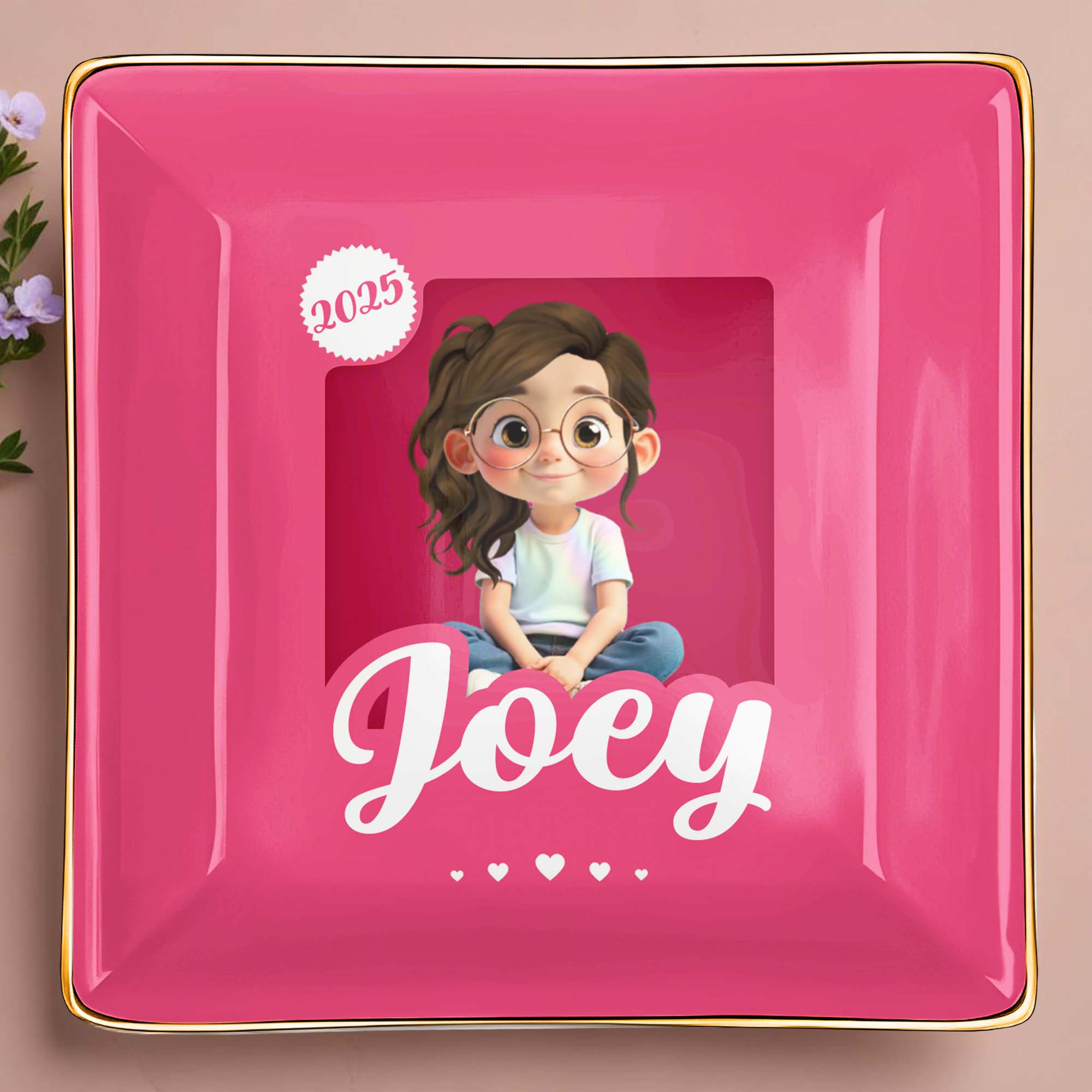 Customizable Ceramic Dish With Girl And Hearts - Personalized Custom Jewelry Dish, Ceramic Dish, Square Shape - KID358_SCRF
