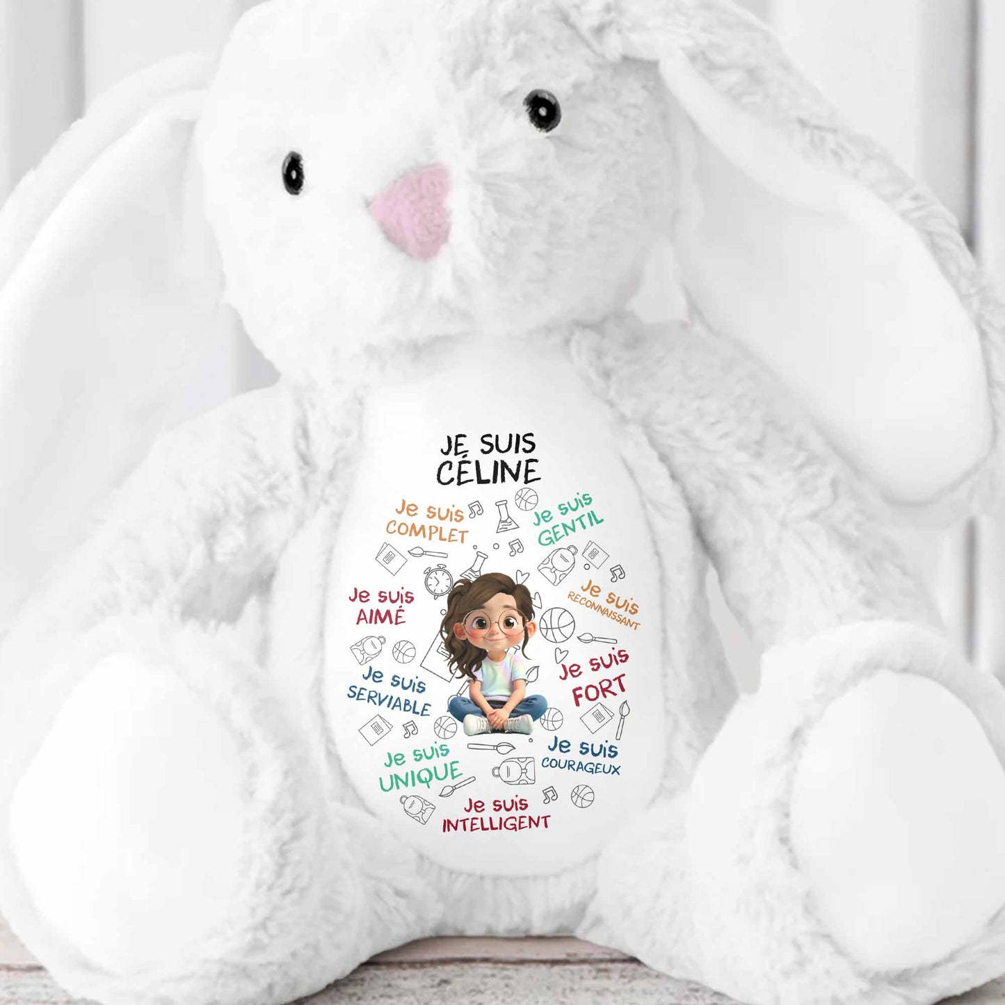 Je Suis Complete, Gentil, Personalized Bunny With Cartoon Girl - Personalized Stuffed Bunny - KID400_BUN