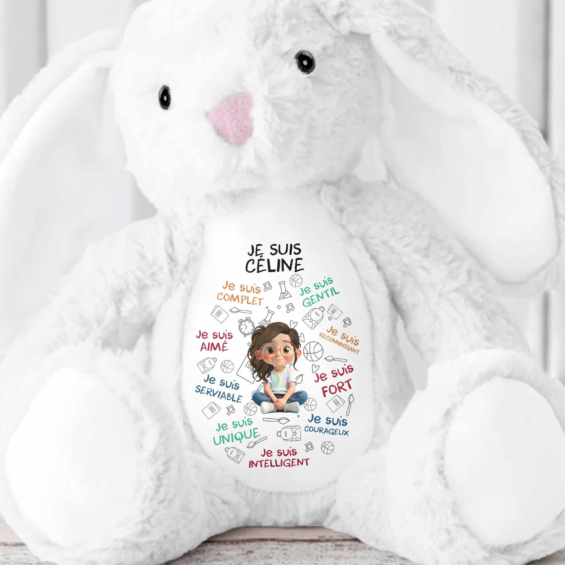 Je Suis Complete, Gentil, Personalized Bunny With Cartoon Girl - Personalized Stuffed Bunny - KID400_BUN