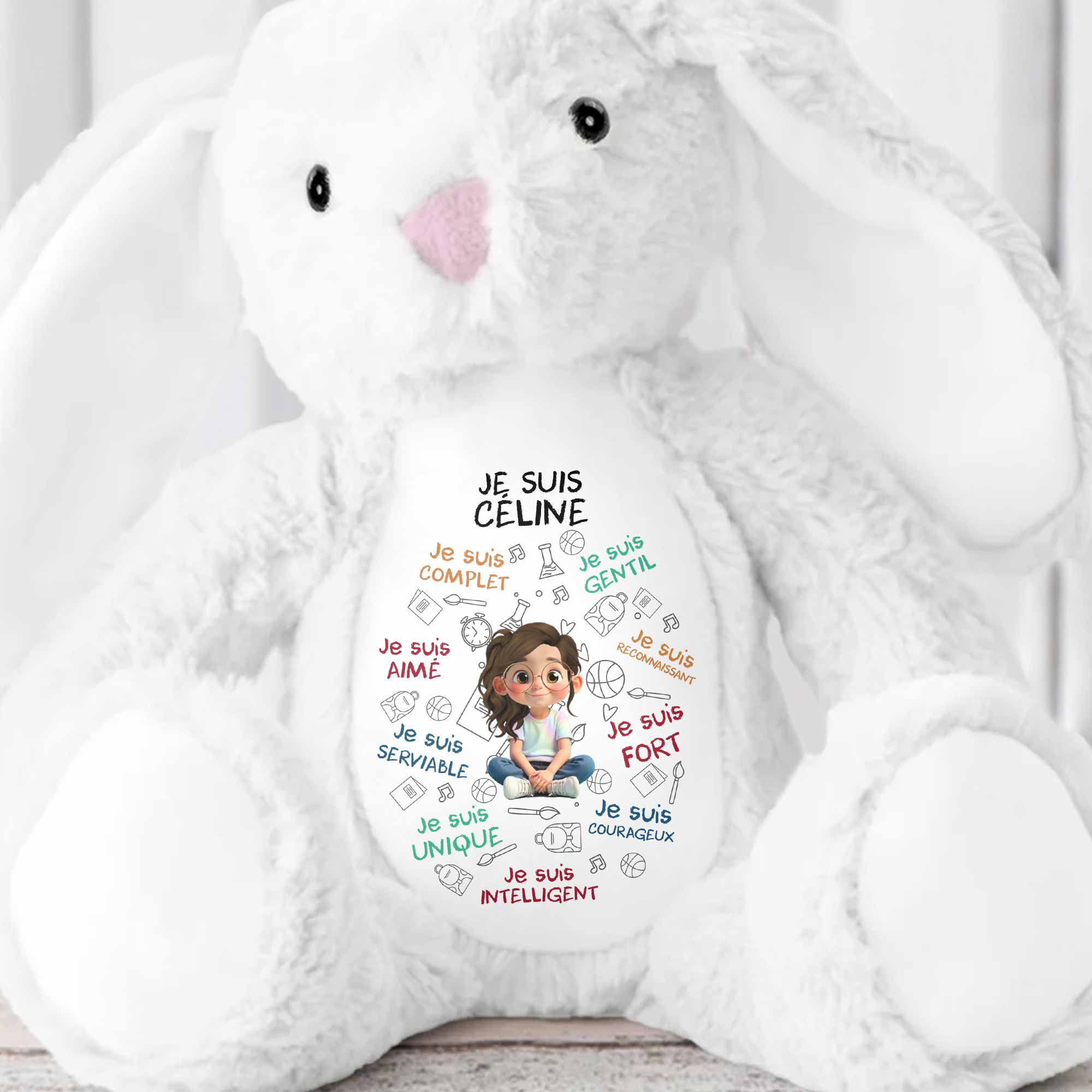 Je Suis Complete, Gentil, Personalized Bunny With Cartoon Girl - Personalized Stuffed Bunny - KID400_BUN