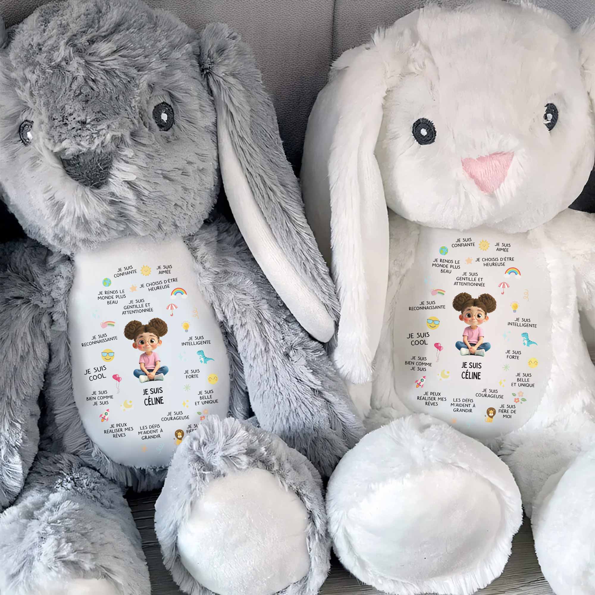 Je Suis Confiante Affirmations For Little Girl With Rainbow And Sun - Personalized Stuffed Bunny - KID407_BUN