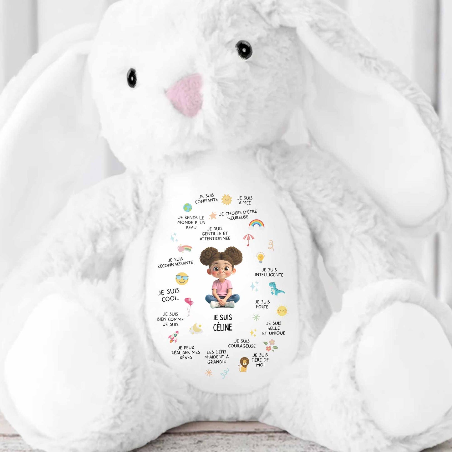 Je Suis Confiante Affirmations For Little Girl With Rainbow And Sun - Personalized Stuffed Bunny - KID407_BUN