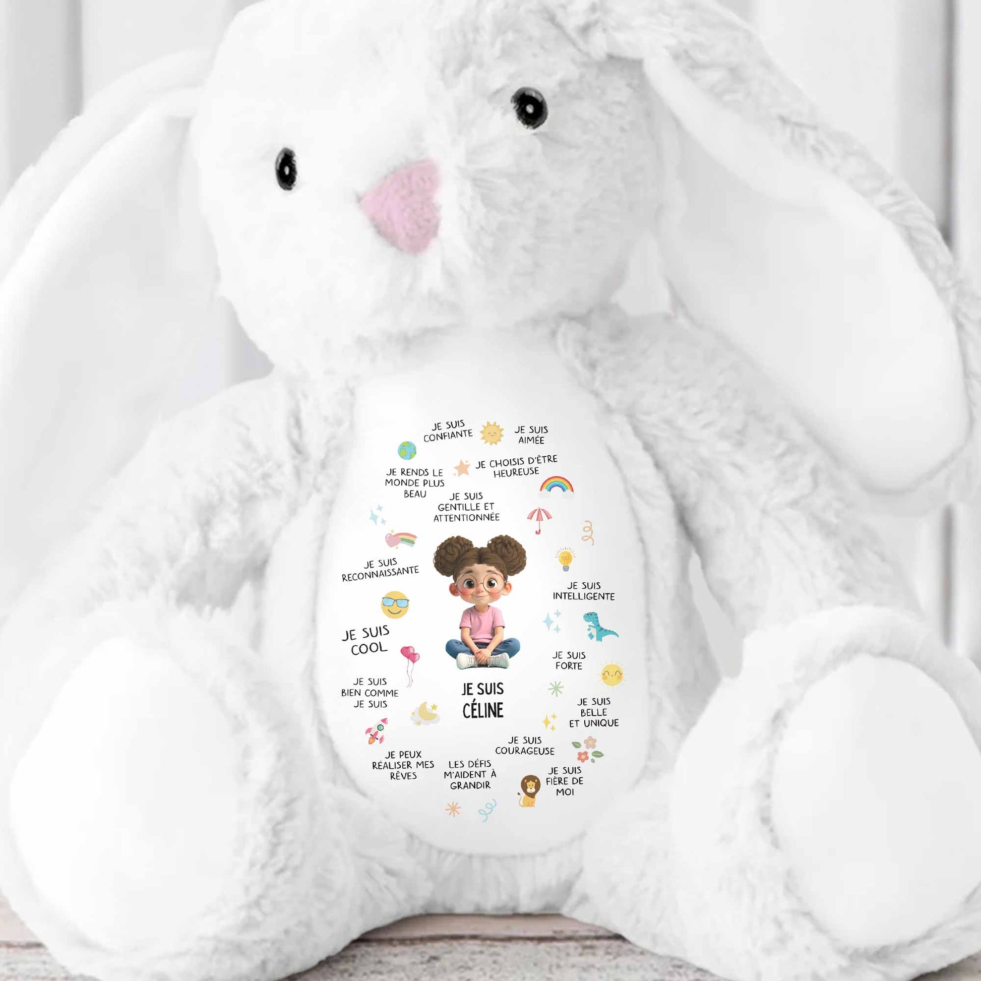 Je Suis Confiante Affirmations For Little Girl With Rainbow And Sun - Personalized Stuffed Bunny - KID407_BUN