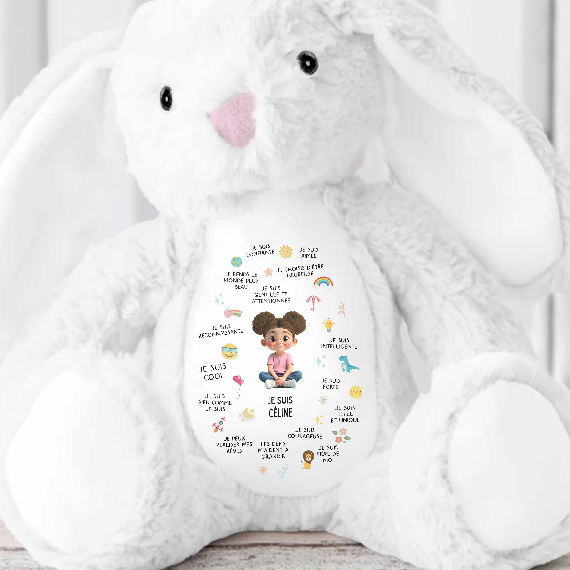Je Suis Confiante Affirmations For Little Girl With Rainbow And Sun - Personalized Stuffed Bunny - KID407_BUN