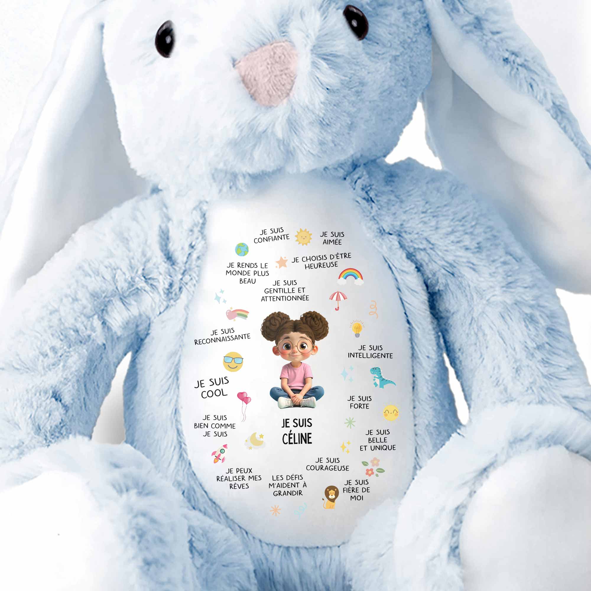 Je Suis Confiante Affirmations For Little Girl With Rainbow And Sun - Personalized Stuffed Bunny - KID407_BUN