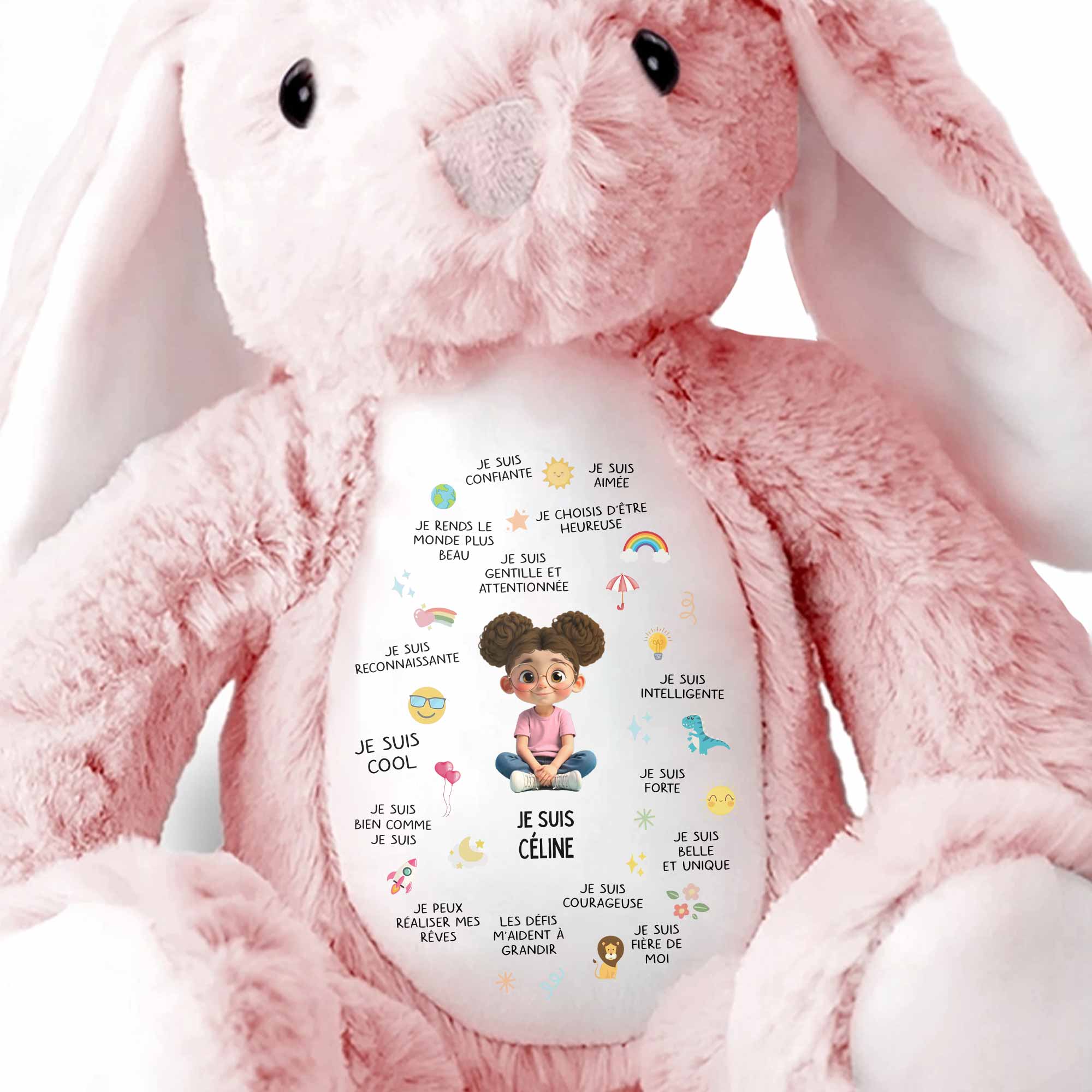 Je Suis Confiante Affirmations For Little Girl With Rainbow And Sun - Personalized Stuffed Bunny - KID407_BUN