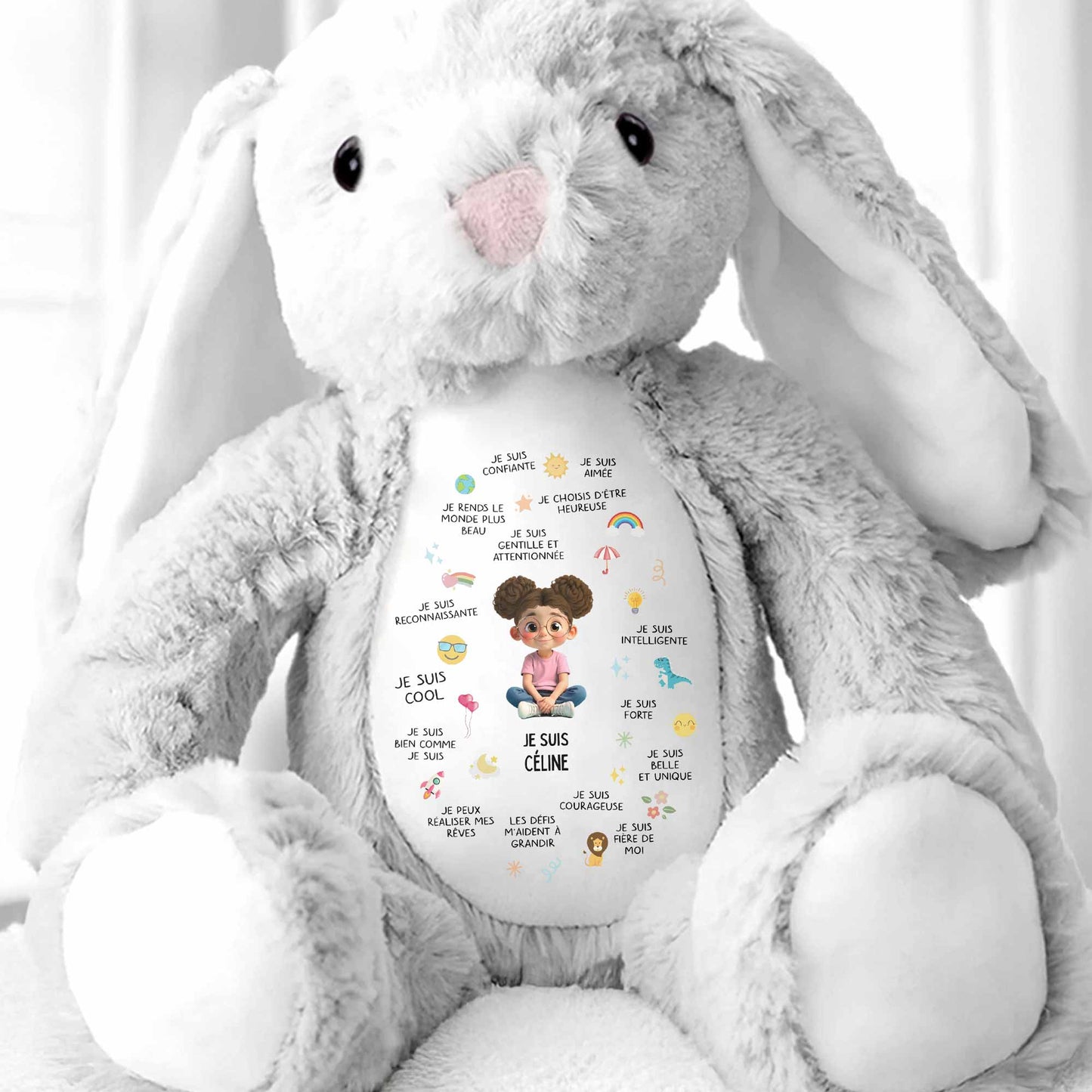 Je Suis Confiante Affirmations For Little Girl With Rainbow And Sun - Personalized Stuffed Bunny - KID407_BUN