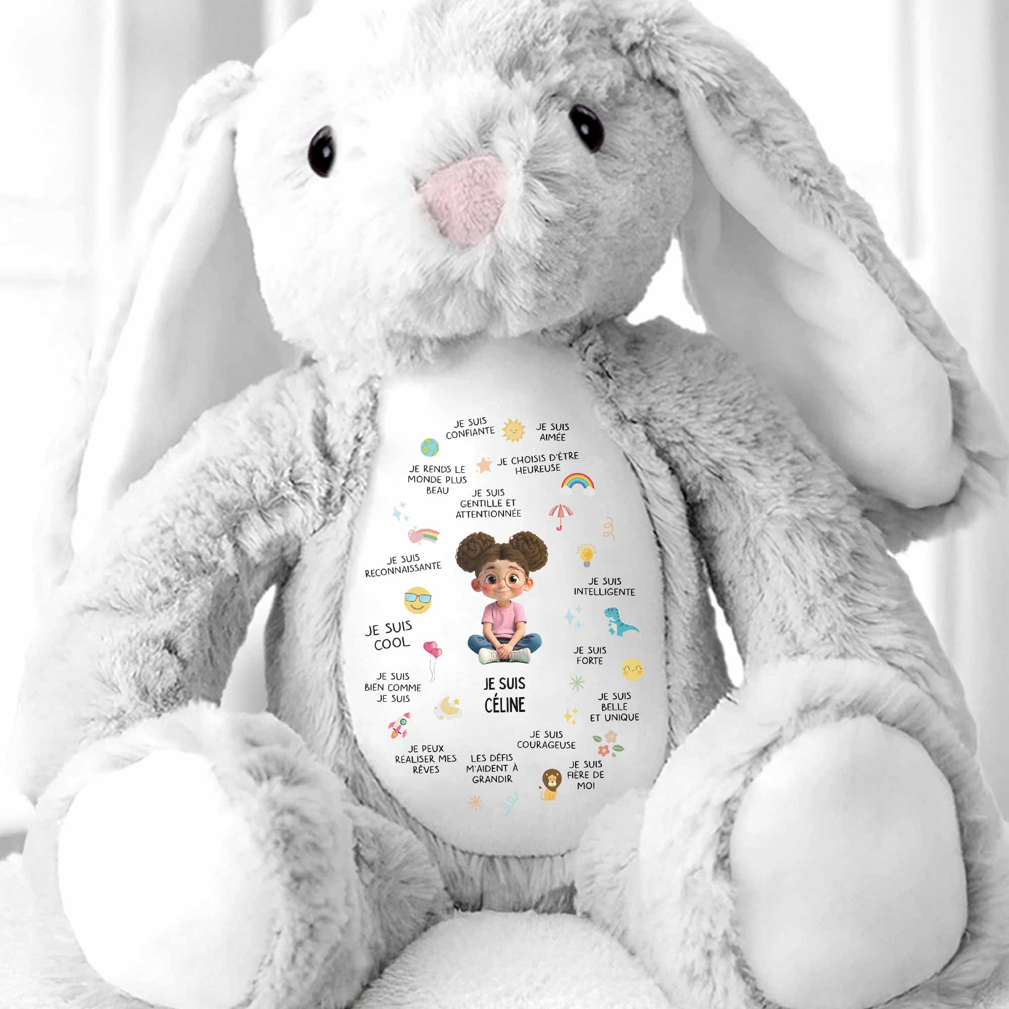 Je Suis Confiante Affirmations For Little Girl With Rainbow And Sun - Personalized Stuffed Bunny - KID407_BUN
