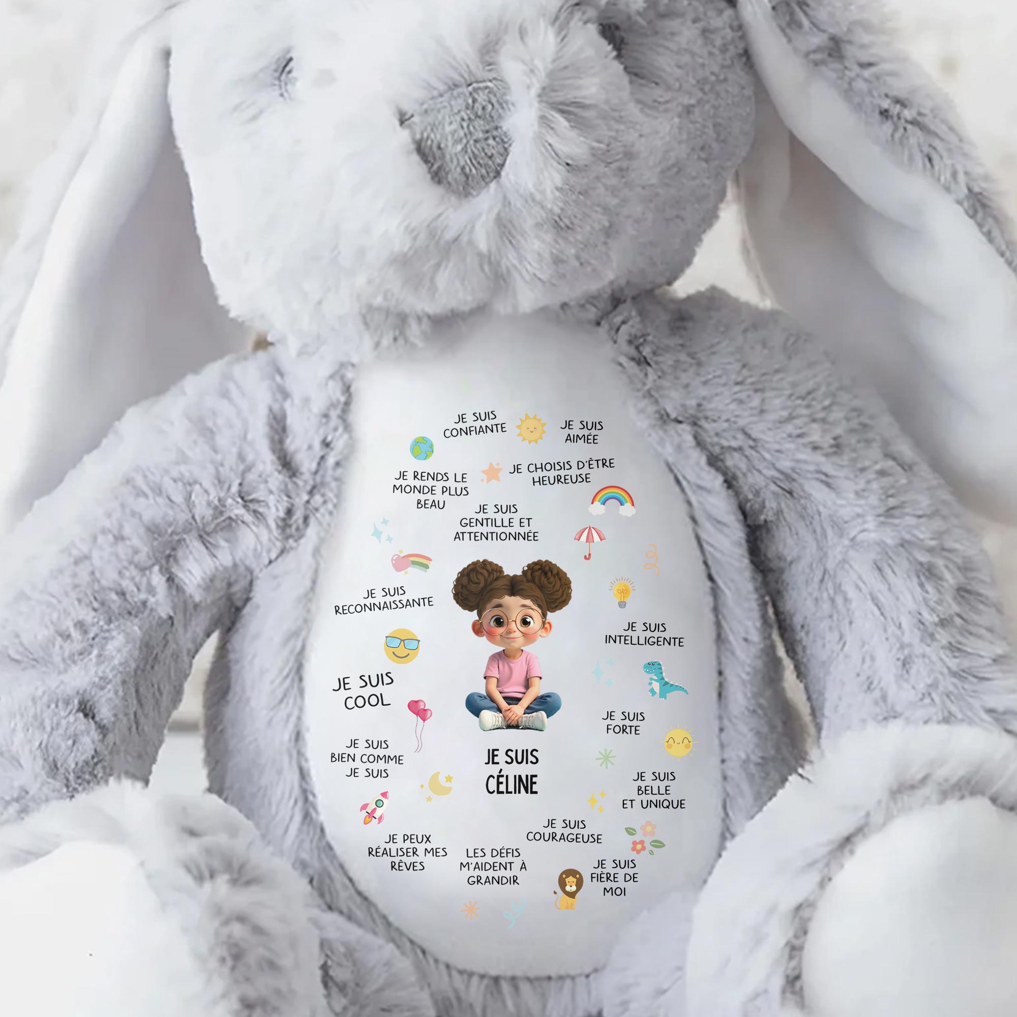 Je Suis Confiante Affirmations For Little Girl With Rainbow And Sun - Personalized Stuffed Bunny - KID407_BUN