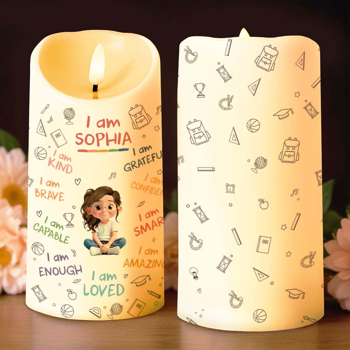 I Am Kind, Grateful and Amazing Candle With School Supplies and Girl - Personalized Custom LED Candle - KID455_LECA