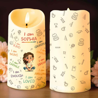 I Am Kind, Grateful and Amazing Candle With School Supplies and Girl - Personalized Custom LED Candle - KID455_LECA