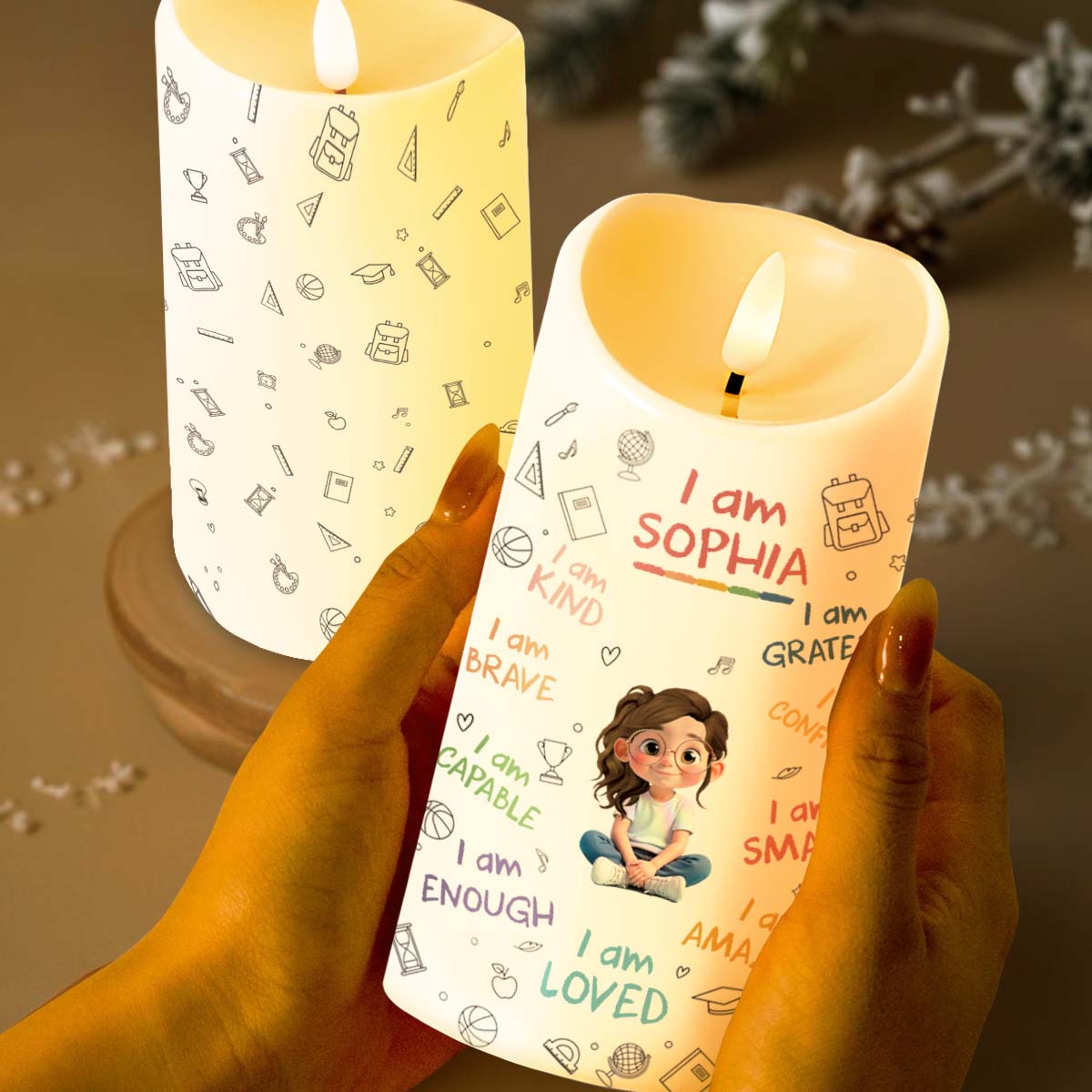 I Am Kind, Grateful and Amazing Candle With School Supplies and Girl - Personalized Custom LED Candle - KID455_LECA