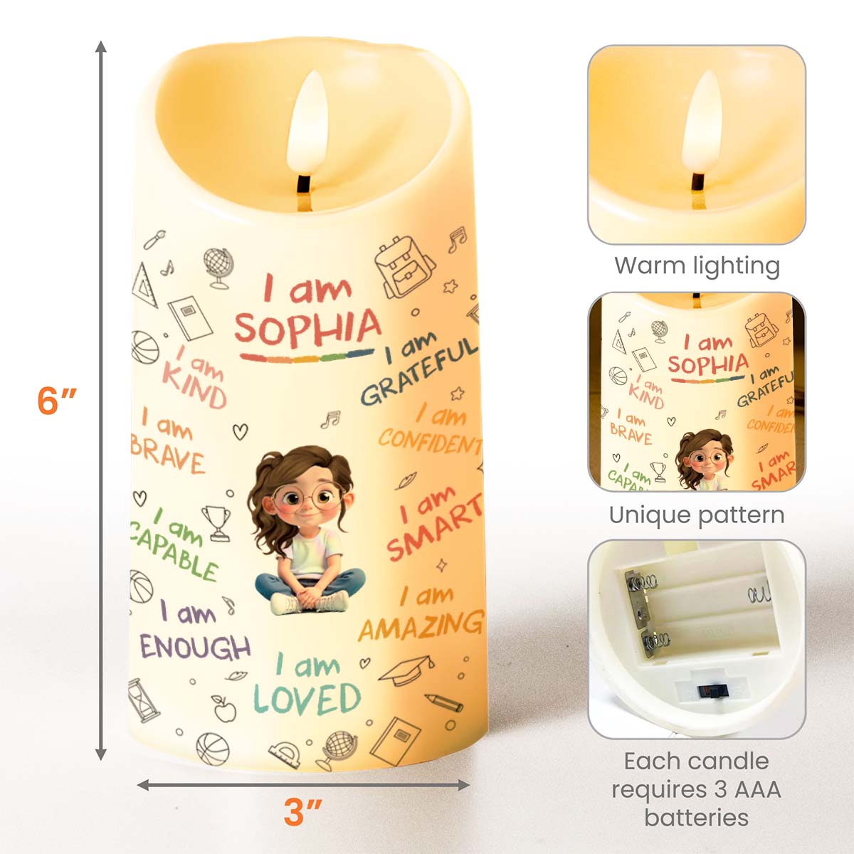 I Am Kind, Grateful and Amazing Candle With School Supplies and Girl - Personalized Custom LED Candle - KID455_LECA