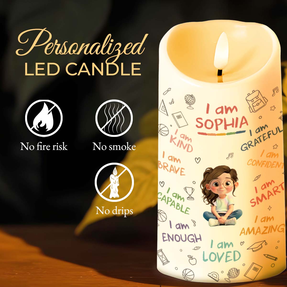 I Am Kind, Grateful and Amazing Candle With School Supplies and Girl - Personalized Custom LED Candle - KID455_LECA