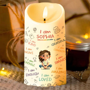I Am Kind, Grateful and Amazing Candle With School Supplies and Girl - Personalized Custom LED Candle - KID455_LECA