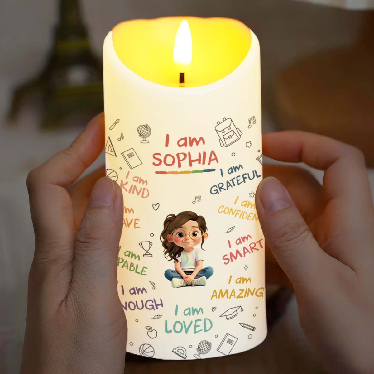 I Am Kind, Grateful and Amazing Candle With School Supplies and Girl - Personalized Custom LED Candle - KID455_LECA