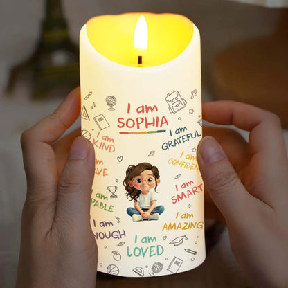 I Am Kind, Grateful and Amazing Candle With School Supplies and Girl - Personalized Custom LED Candle - KID455_LECA