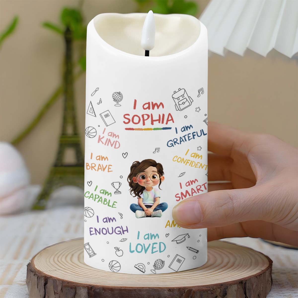 I Am Kind, Grateful and Amazing Candle With School Supplies and Girl - Personalized Custom LED Candle - KID455_LECA