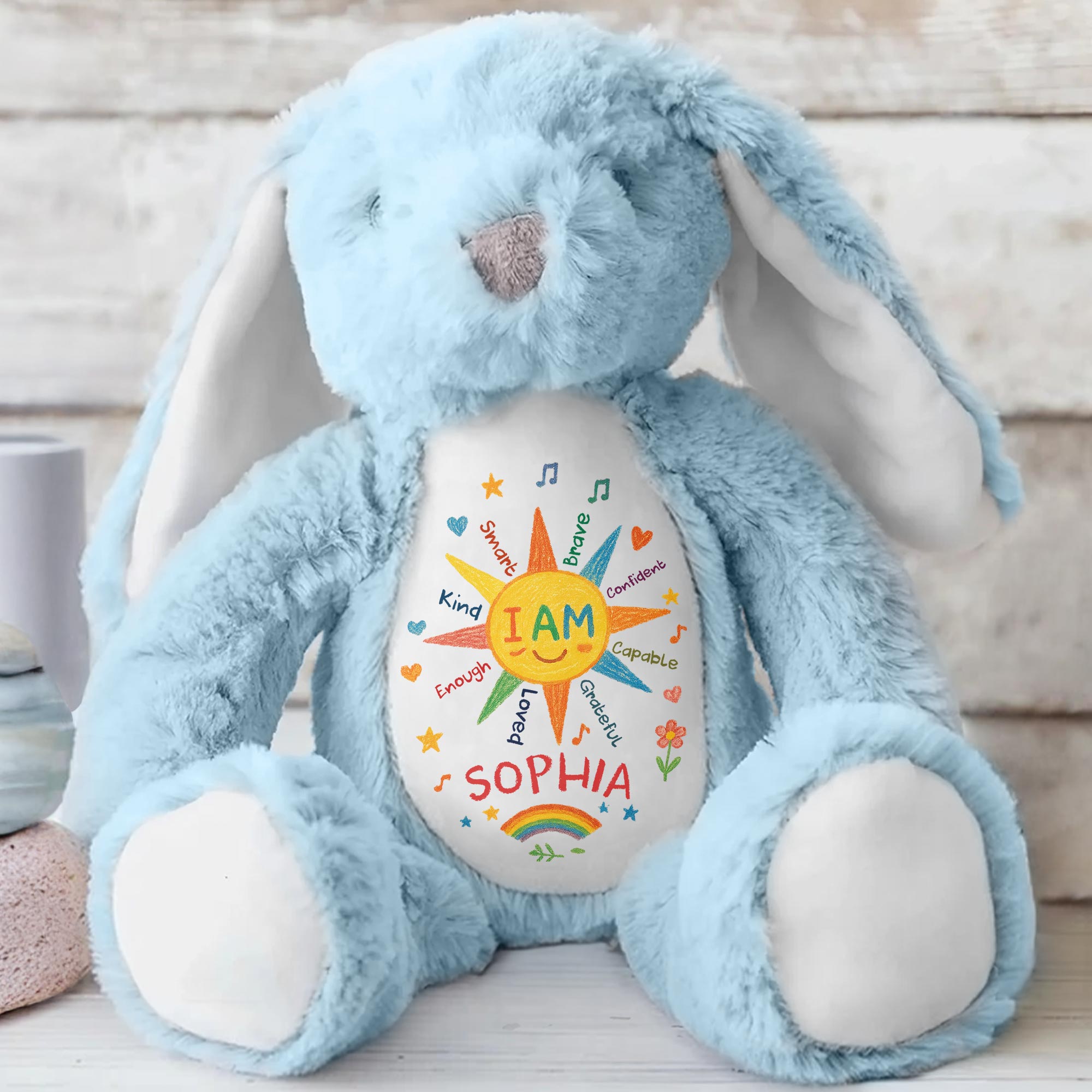 I Am Kind And Brave, Heart And Rainbow Design - Personalized Stuffed Bunny - KID462_BUN