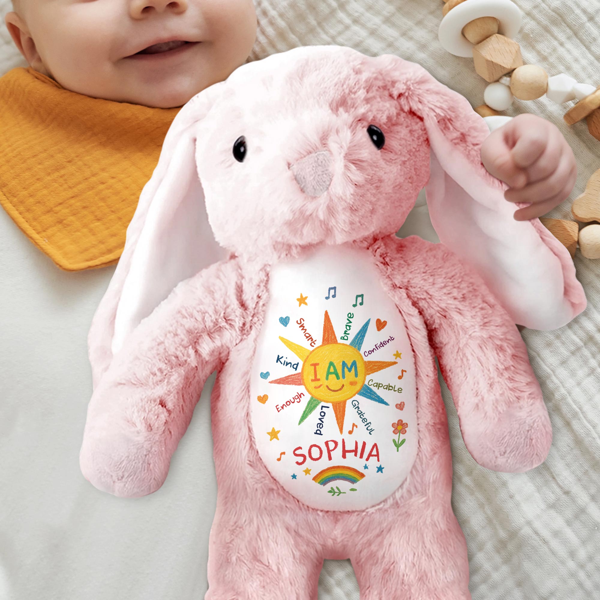 I Am Kind And Brave, Heart And Rainbow Design - Personalized Stuffed Bunny - KID462_BUN