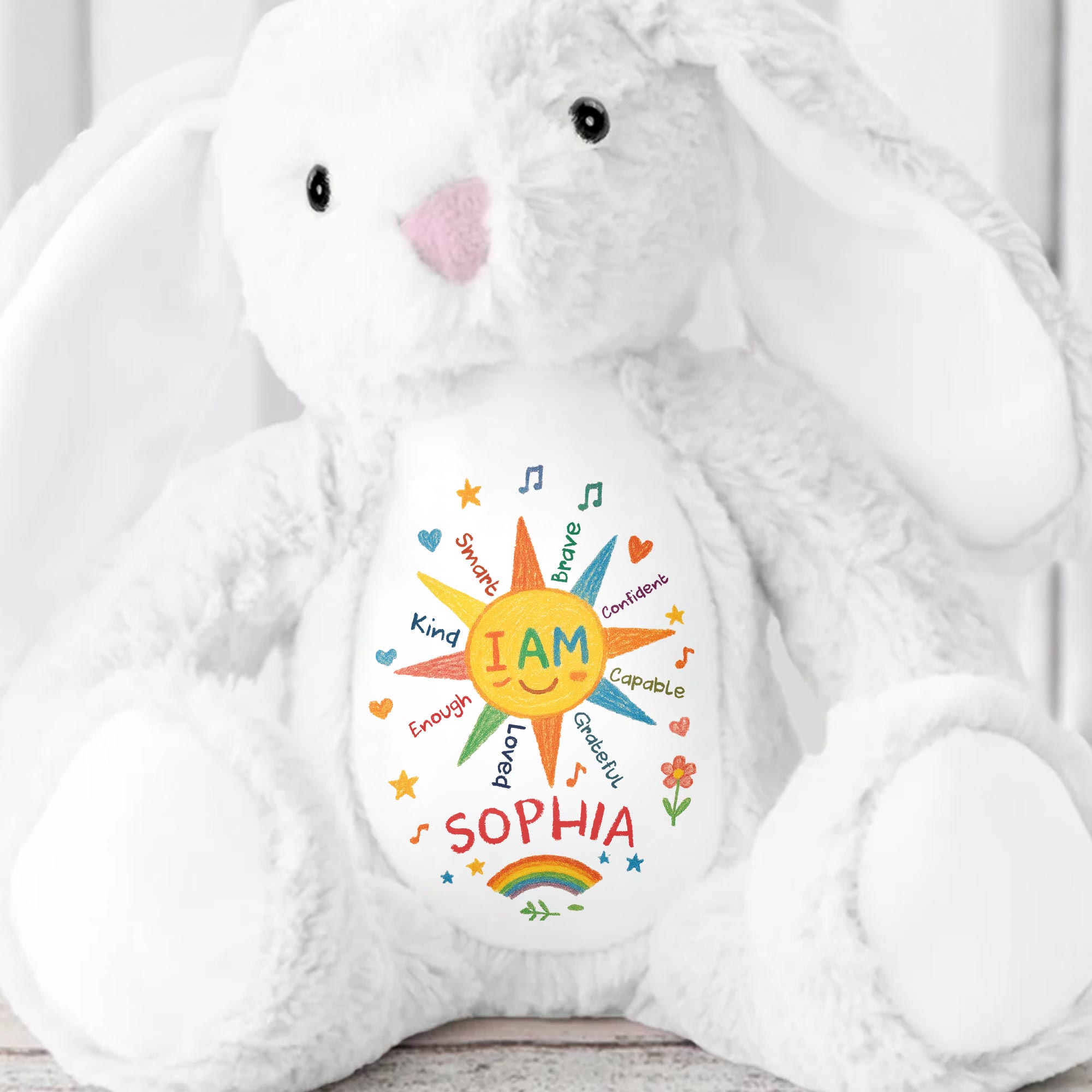 I Am Kind And Brave, Heart And Rainbow Design - Personalized Stuffed Bunny - KID462_BUN