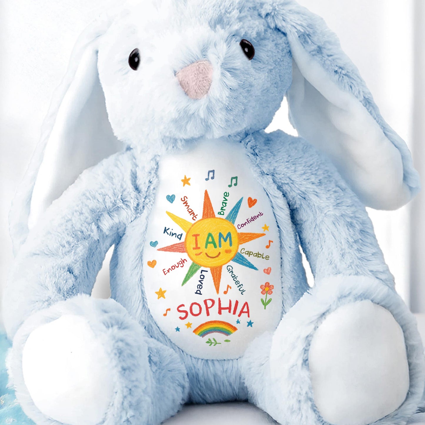 I Am Kind And Brave, Heart And Rainbow Design - Personalized Stuffed Bunny - KID462_BUN