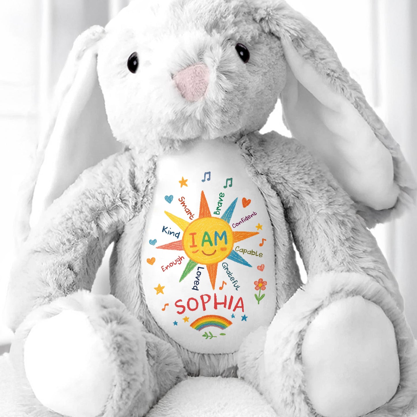 I Am Kind And Brave, Heart And Rainbow Design - Personalized Stuffed Bunny - KID462_BUN
