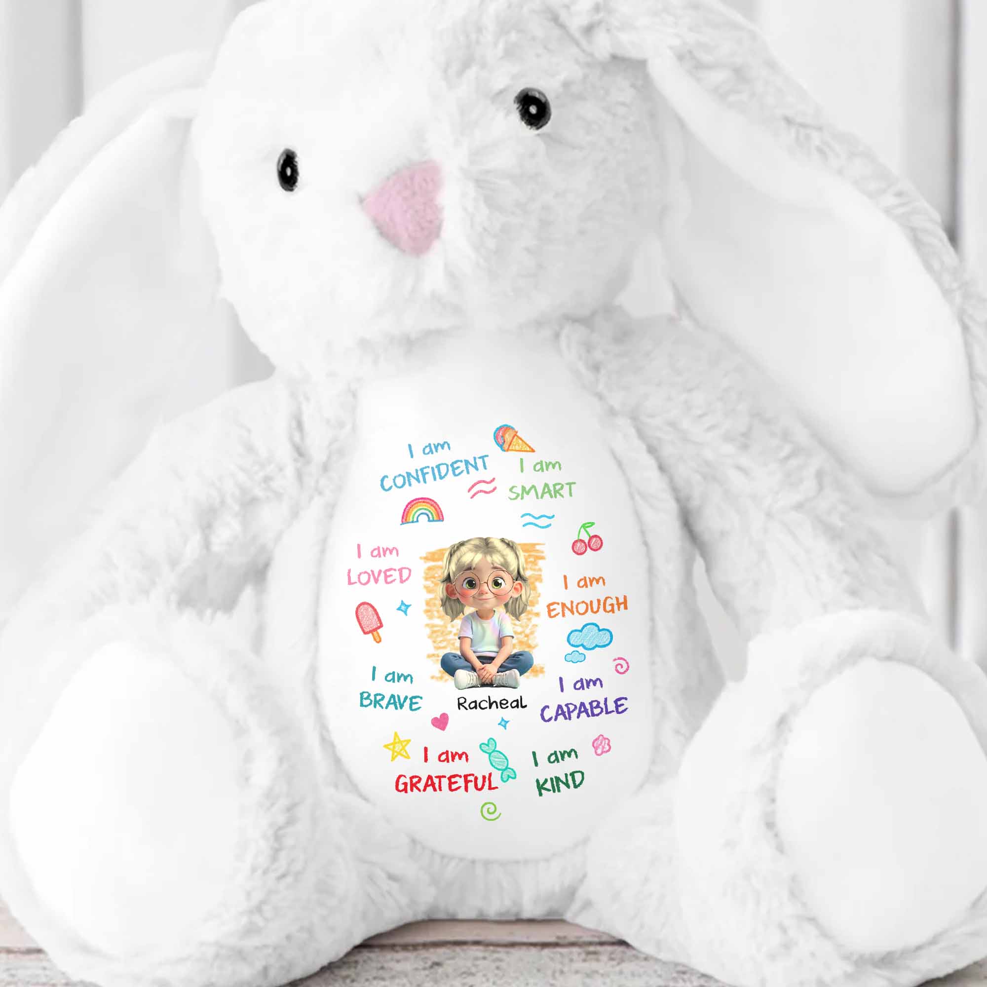 I Am Confident, I Am Smart, Loved Bunny Design - Personalized Stuffed Bunny - KID466_BUN