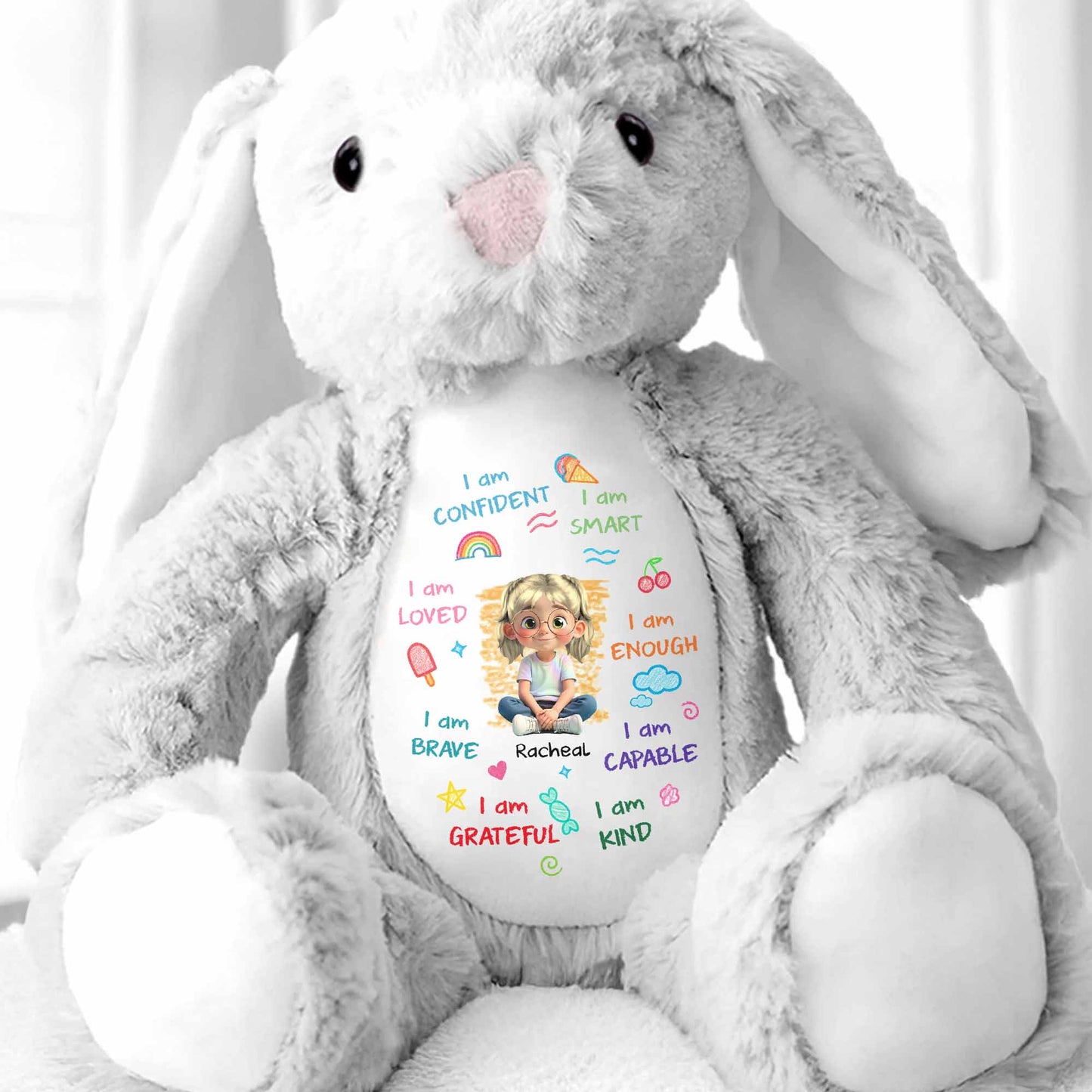 I Am Confident, I Am Smart, Loved Bunny Design - Personalized Stuffed Bunny - KID466_BUN