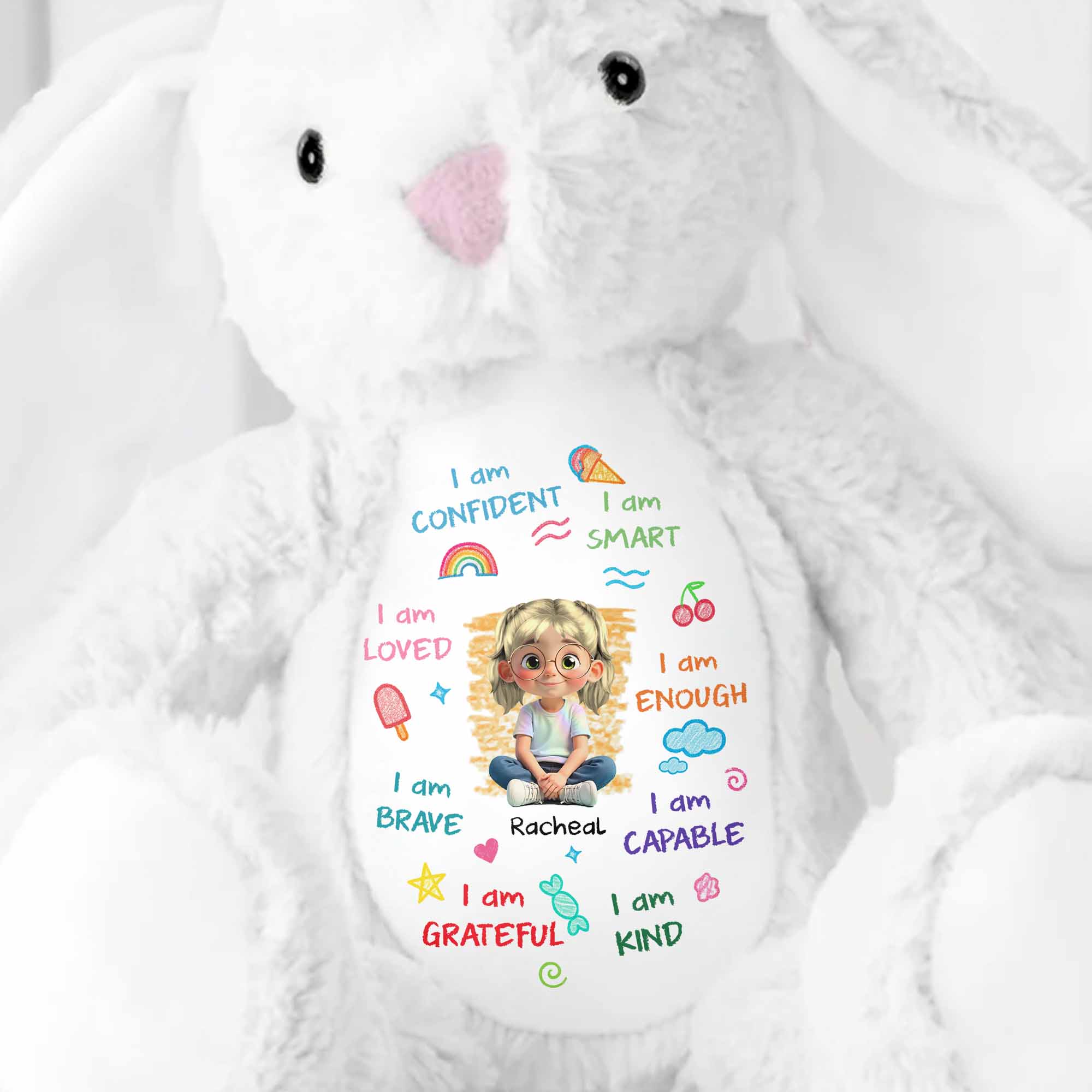 I Am Confident, I Am Smart, Loved Bunny Design - Personalized Stuffed Bunny - KID466_BUN