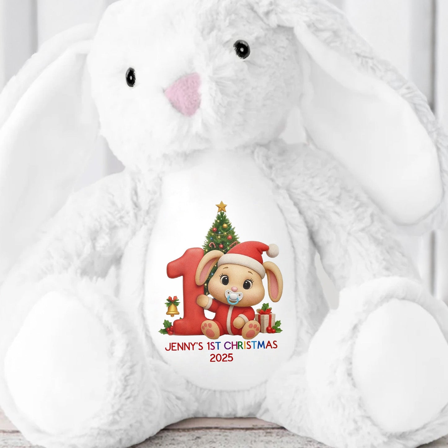 Celebrate Your Little One's First Christmas With Festive Design - Personalized Stuffed Bunny - KID469_BUN