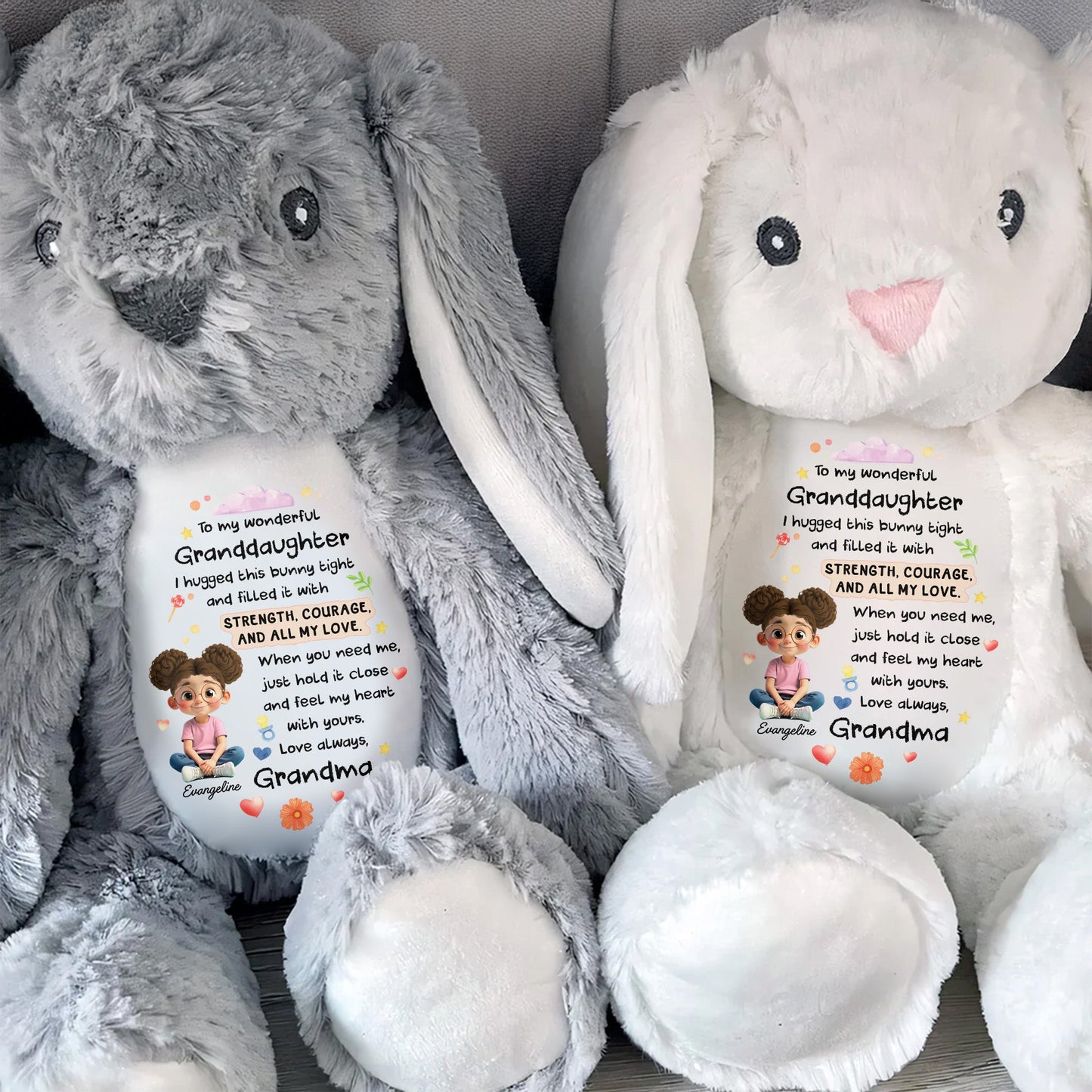 To My Wonderful Granddaughter, Bunny With Flowers And Hearts - Personalized Stuffed Bunny - KID479_BUN
