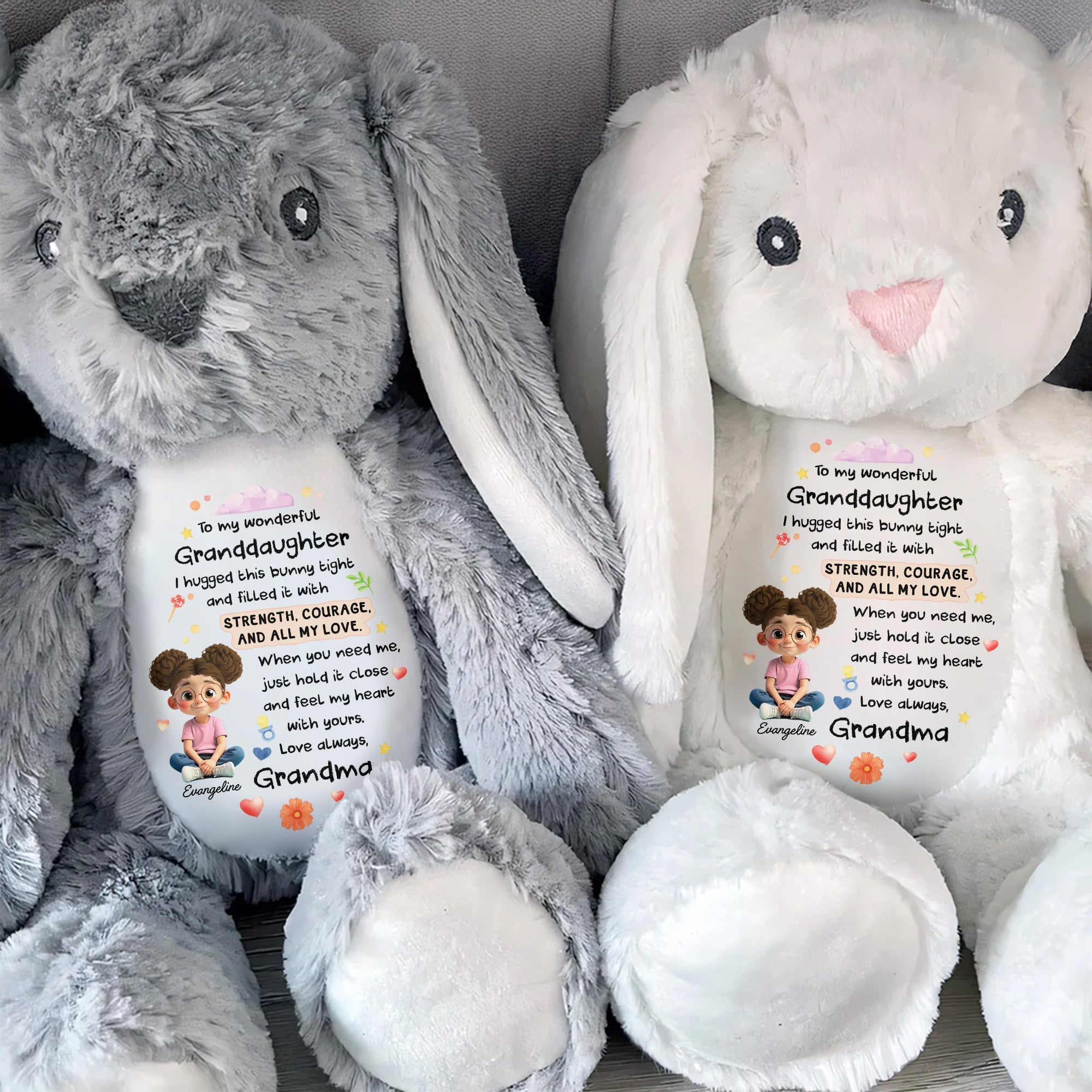 To My Wonderful Granddaughter, Bunny With Flowers And Hearts - Personalized Stuffed Bunny - KID479_BUN