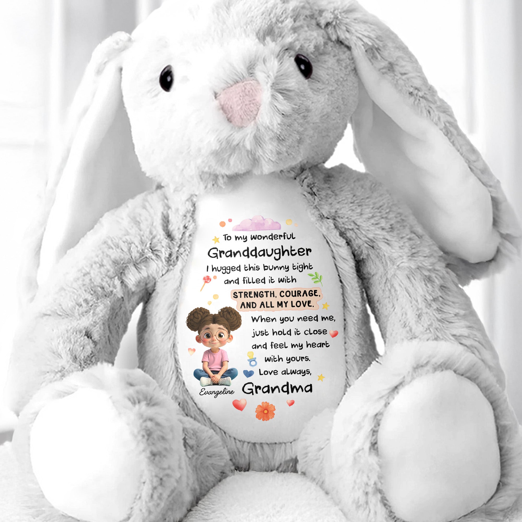 To My Wonderful Granddaughter, Bunny With Flowers And Hearts - Personalized Stuffed Bunny - KID479_BUN