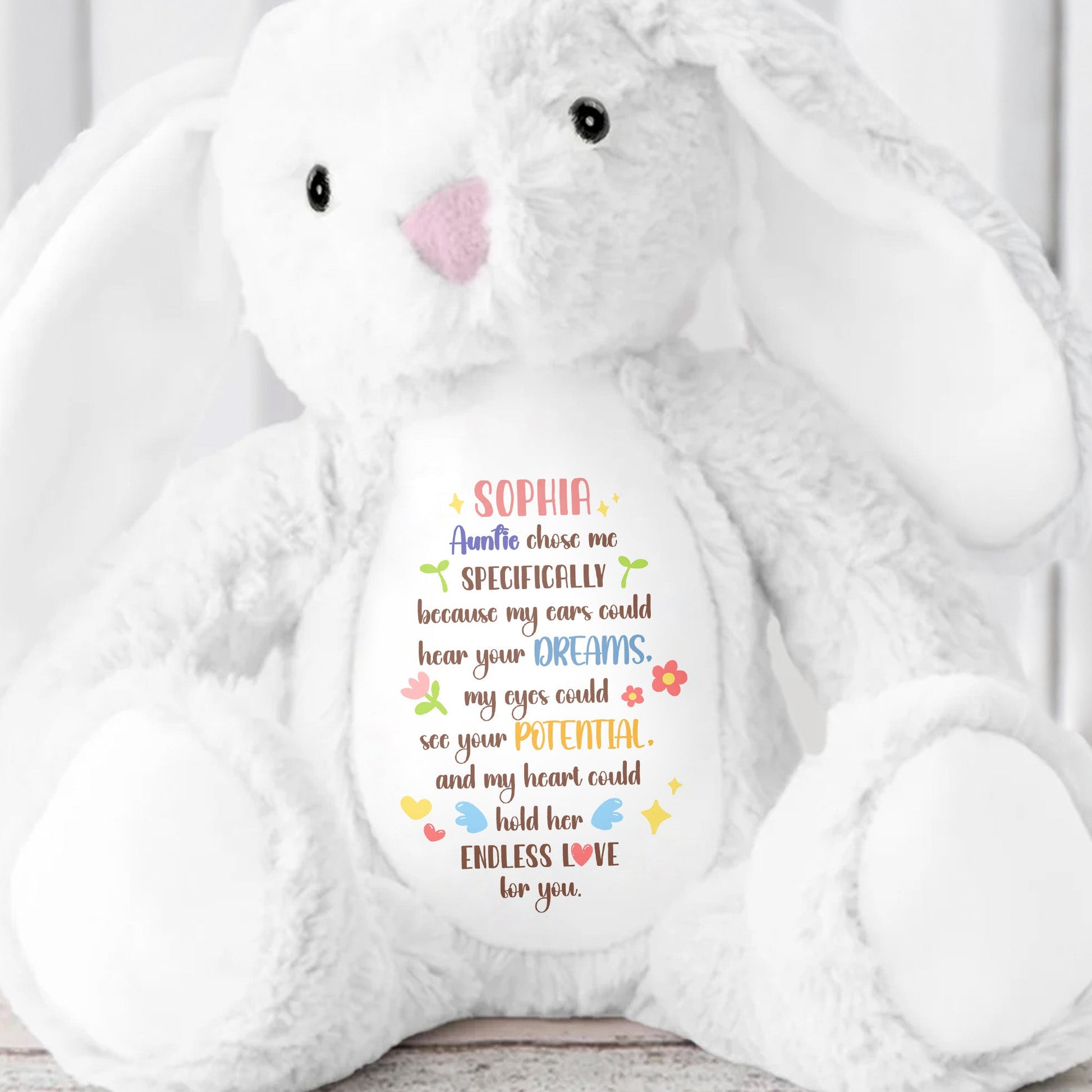 Auntie Chose Me Specifically, Hearts And Stars - Personalized Stuffed Bunny - KID506_BUN