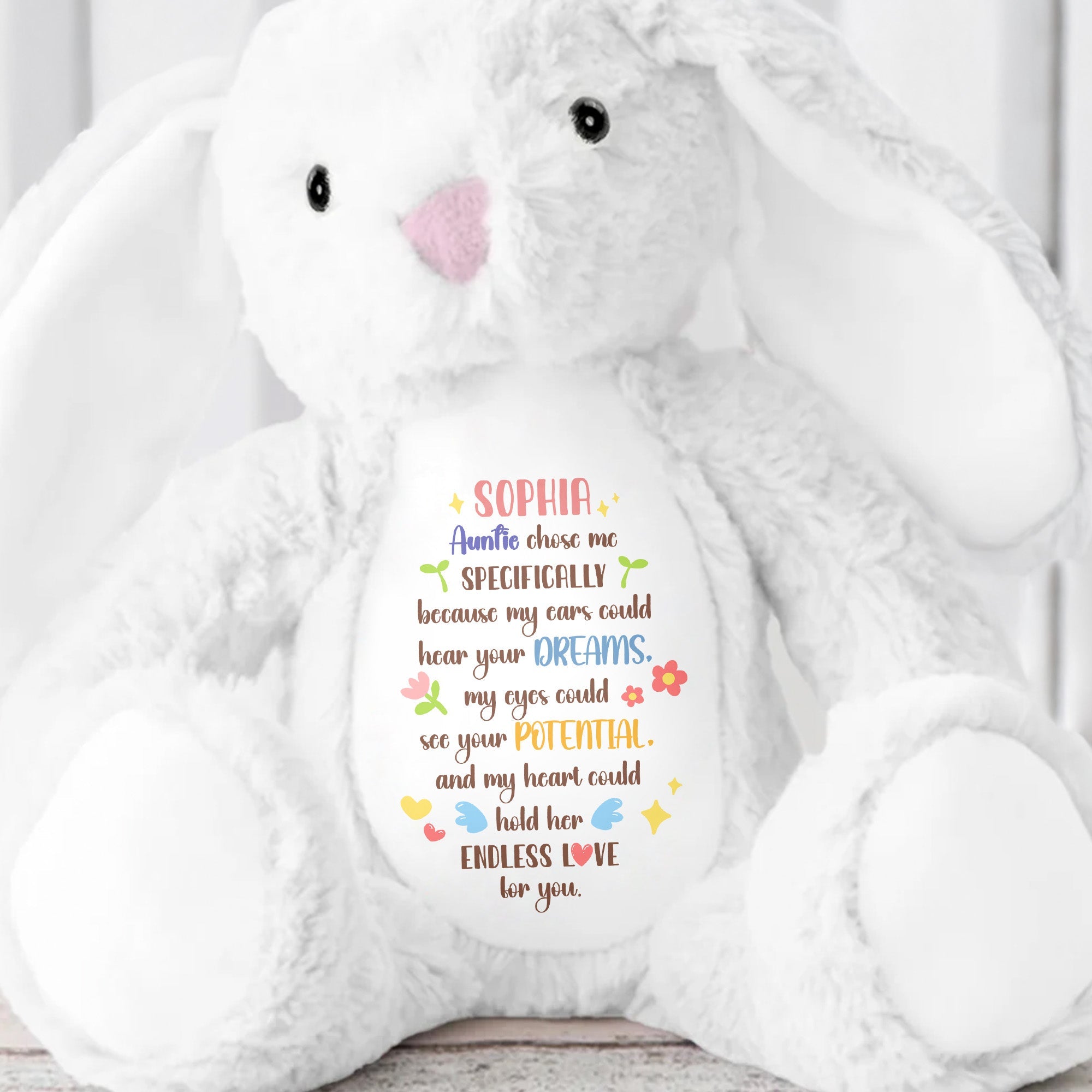 Auntie Chose Me Specifically, Hearts And Stars - Personalized Stuffed Bunny - KID506_BUN